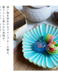 美濃焼 菊六角皿 マリンブルー淵サビ